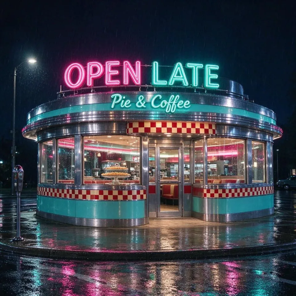 A retro diner storefront at night with a glowing pink and teal neon sign reading "OPEN LATE" and a smaller neon sign reading "Pie & Coffee", rain-slicked sidewalk reflecting the lights, vintage 1950s americana, cinematic night photography.