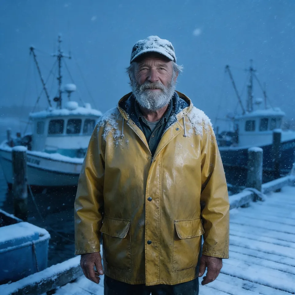 Change the weather to a fierce winter snowstorm. Keep the fisherman's face, beard, pose and yellow jacket unchanged, but add snow on his cap and shoulders, frost in his beard, heavy falling snow, icy dock planks and snow-covered boats behind him, cold blue light.