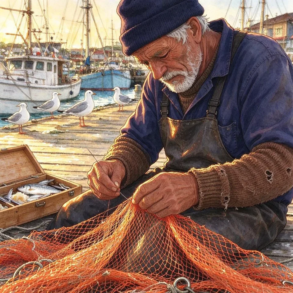 Redraw this photo as a hand-painted anime film still with soft cel shading, painterly watercolor backgrounds and warm golden-hour light. Keep the fisherman, his pose, the orange net and the harbor composition.