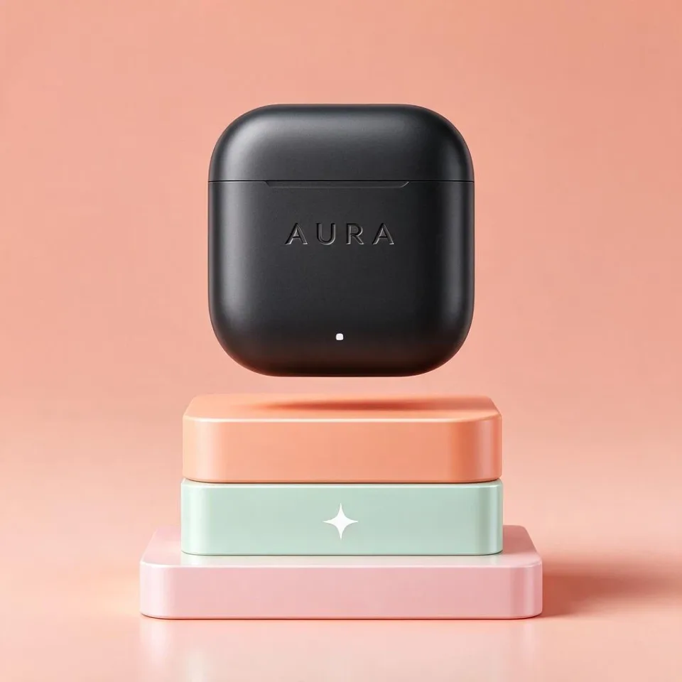 Studio product render of a matte black wireless earbuds case floating above stacked pastel pedestals, soft diffused shadows, subtle reflections, the word "AURA" embossed on the lid, clean seamless peach background, premium minimal advertising look.