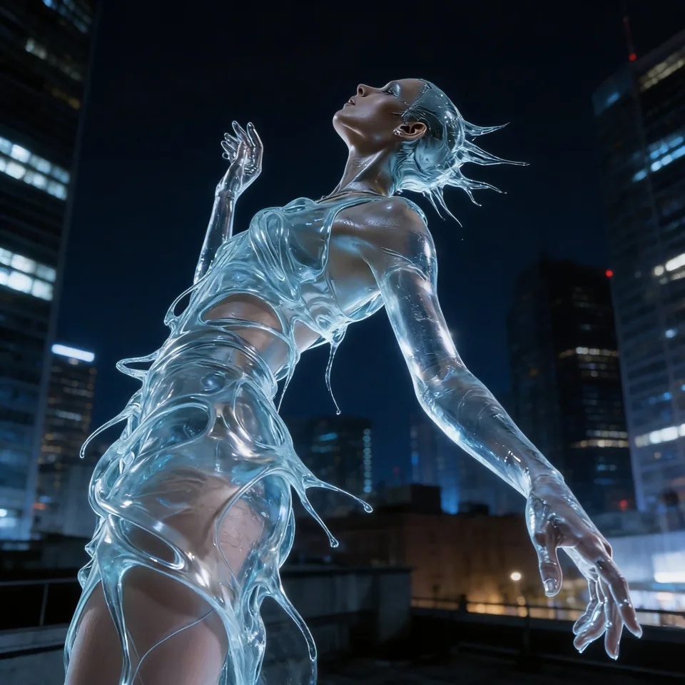 Keep the model's pose and the flowing shape of the liquid clothing unchanged. Change the clothing material from silver metal to completely transparent clear water (or glass). Through the liquid water flow, the details of the model's skin can be seen. The light and shadow change from reflection to refraction. Remove the watermark. change the background to a night city.