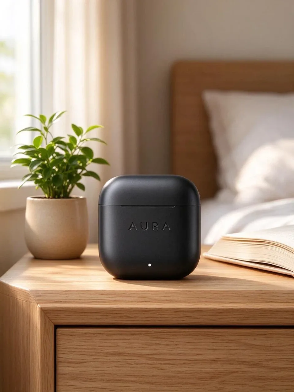 Place this earbuds case on a light oak bedside table next to a small potted plant and an open book, soft morning window light, shallow depth of field, realistic lifestyle photography. Keep the case, its shape, color and the "AURA" lettering exactly the same.