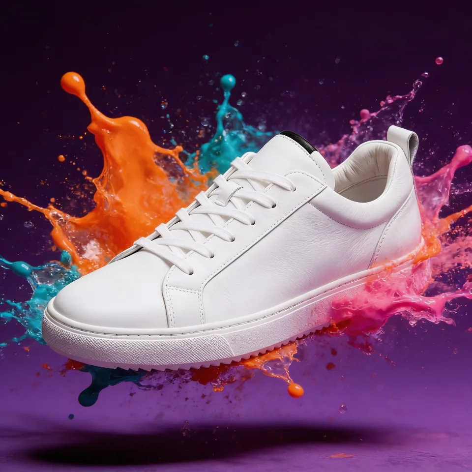 Turn this sneaker into a dynamic advertising shot: the same white sneaker floating mid-air against a deep purple background, surrounded by bursting splashes of bright orange, teal and pink paint frozen in motion. Keep the shoe design unchanged, no logos, dramatic studio lighting.