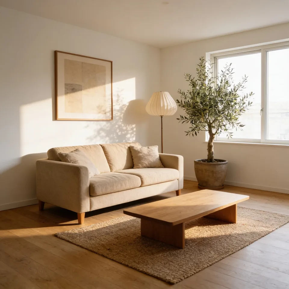 Furnish and decorate this empty living room in a warm Japandi style. Keep the room shape, window, floor and the beige sofa position. Add a low wooden coffee table, a woven rug, linen cushions, a large potted olive tree, a paper floor lamp, a framed abstract artwork on the wall and soft afternoon sunlight.
