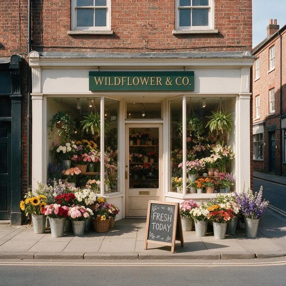 Turn this empty storefront into a charming, busy flower shop. Paint the blank sign board dark green with elegant gold lettering that reads "WILDFLOWER & CO.". Fill the windows with colorful bouquets and hanging plants, place buckets of fresh flowers and a small chalkboard stand reading "FRESH TODAY" on the sidewalk. Keep the building architecture and camera angle unchanged.