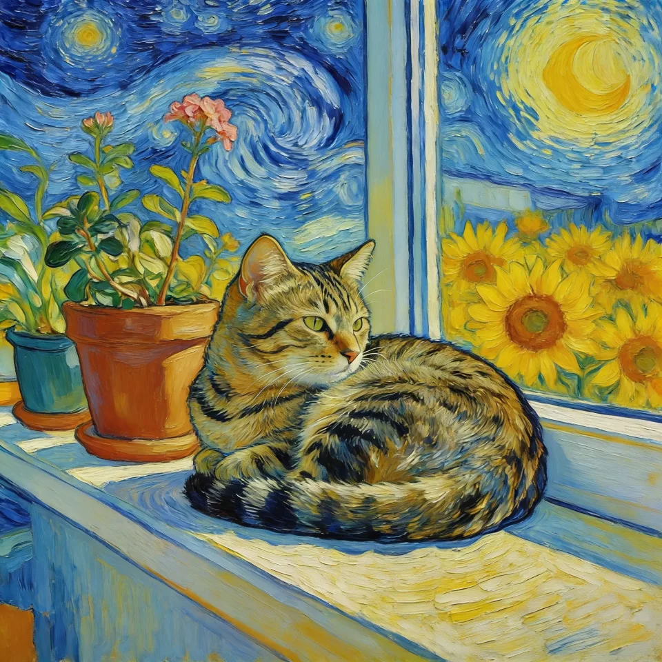 Repaint this photo as a post-impressionist oil painting with thick swirling brushstrokes, vivid cobalt blues and sunflower yellows. Keep the cat, the potted plants and the windowsill composition the same, with visible canvas texture.