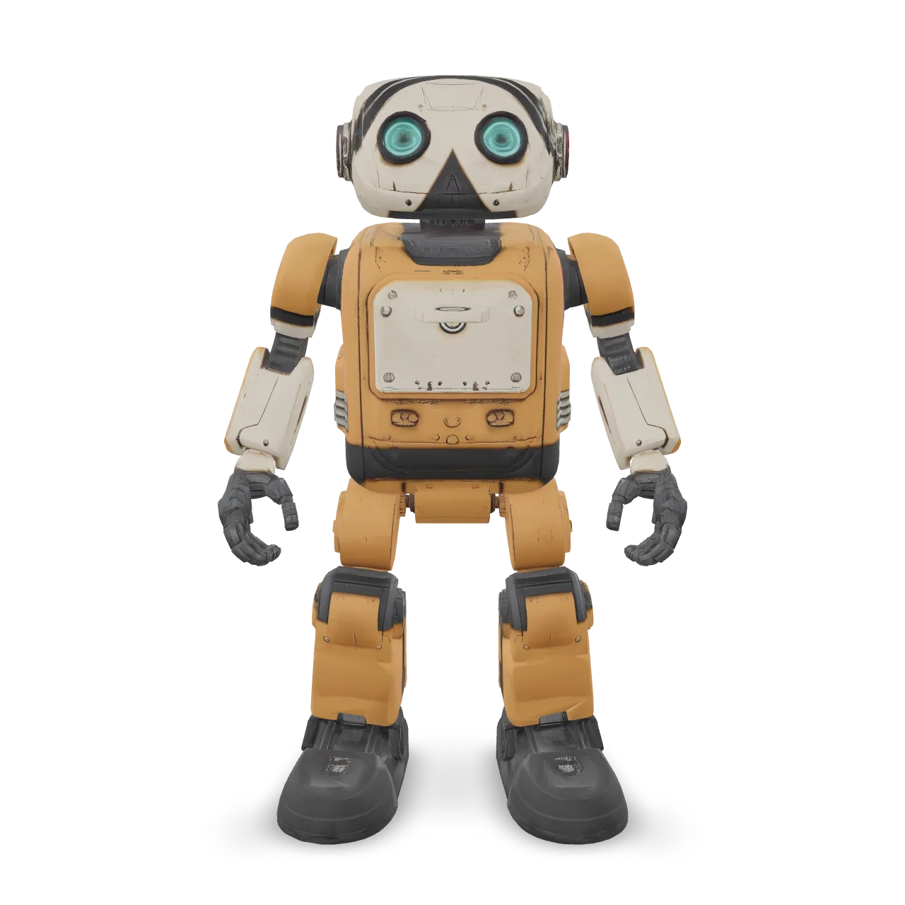Retexture the robot as a retro space courier. Warm mustard-yellow enamel body panels, cream-colored head and cargo hatch, dark graphite rubber joints, brushed aluminum trim, and turquoise glass eyes. Subtle chipped paint along exposed edges and light wear around the cargo hatch. Clear material boundaries, believable roughness, charming industrial finish. No text or logos.