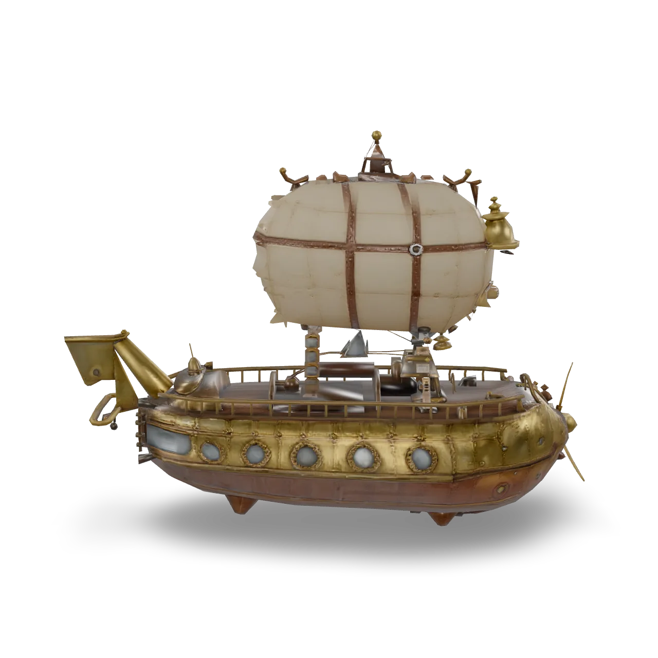 An ornate steampunk airship: a riveted brass and copper hull with porthole windows, a wooden deck with railings and a ship wheel, twin brass propellers at the stern, rope rigging connecting to a patched canvas balloon with leather straps and a brass gondola lantern, weathered metal with scratches and patina, single isolated object, game asset