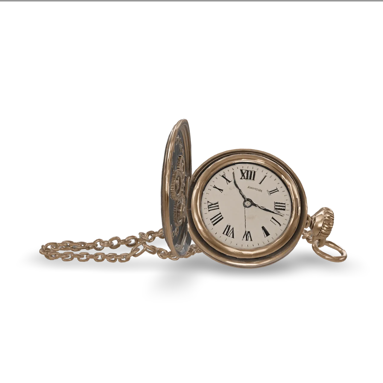 An ornate steampunk mechanical pocket watch lying open, exposed brass gears and cogs of different sizes, engraved floral patterns on the lid, a coiled chain, small rivets and screws, glass crystal over the dial with roman numerals