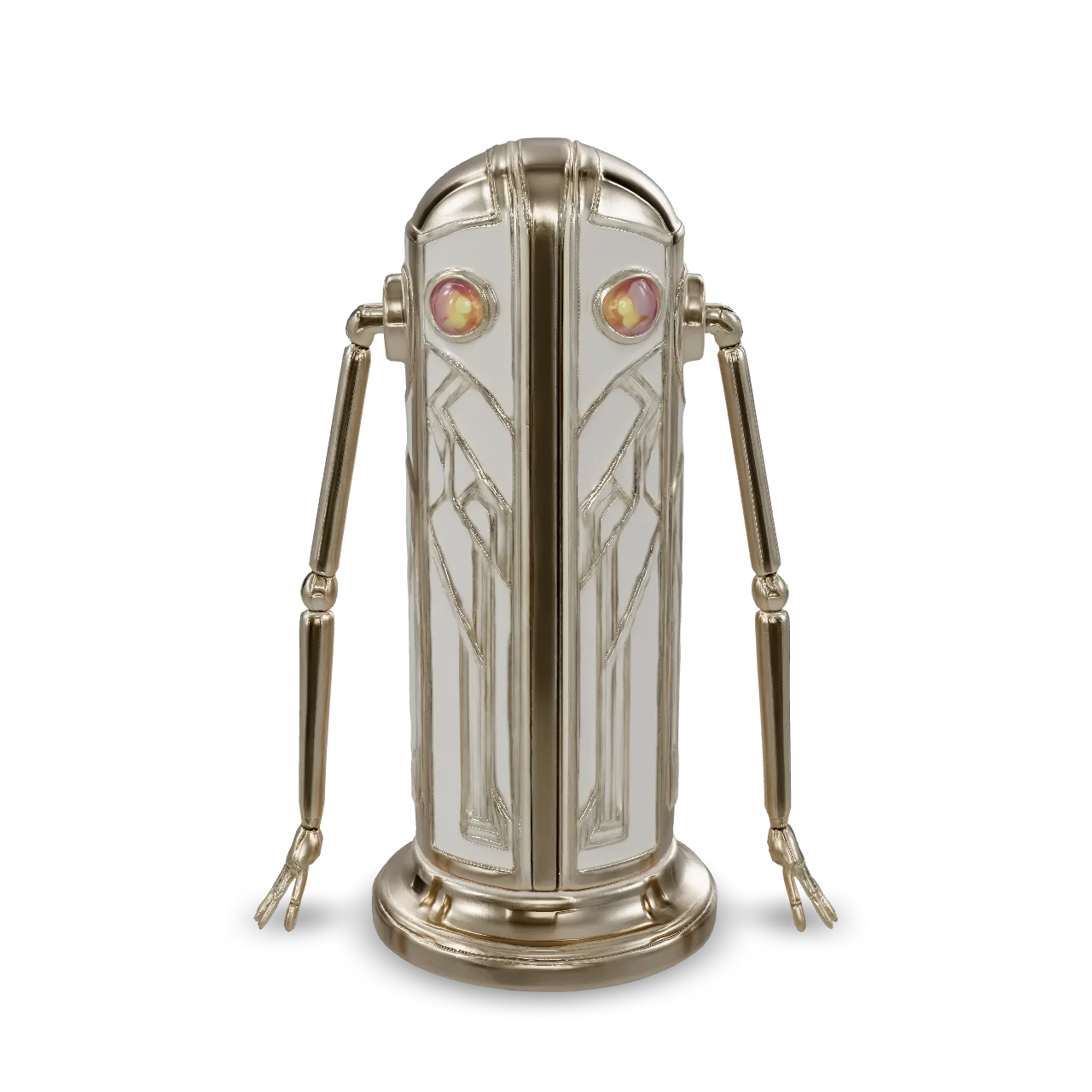 An elegant Art Deco automaton, polished brass body, ivory enamel panels, geometric gold patterns, slender mechanical limbs, glowing amber eyes, symmetrical ornamental design, luxury 1920s machine aesthetic, premium collectible 3D model, centered, isolated, no background.