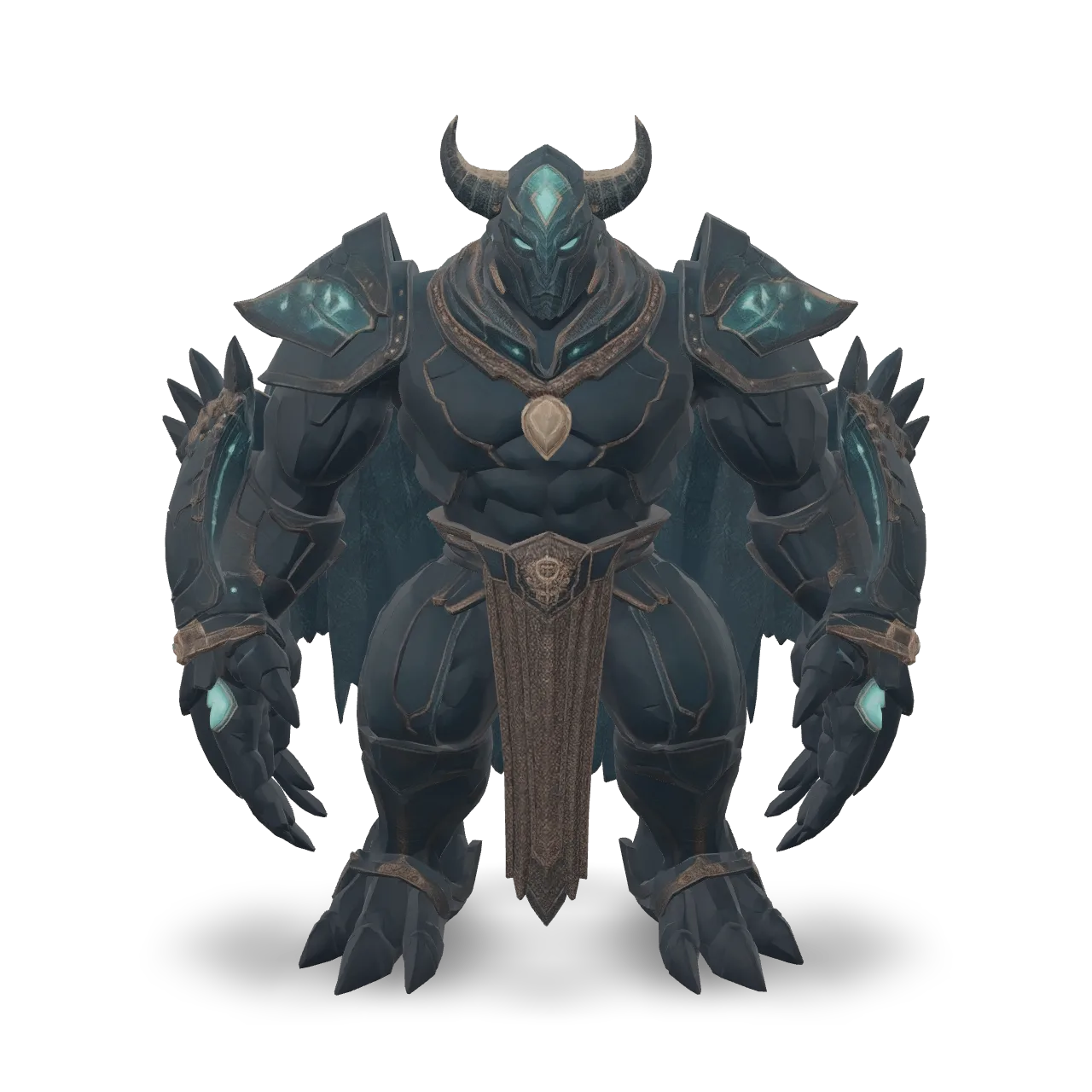 A colossal abyssal guardian creature, humanoid upper body fused with an armored sea-beast tail, dark navy shell armor, glowing turquoise bioluminescent patterns, translucent fins, coral-like horns, pearl ornaments, aged gold details, luminous blue eyes, strong silhouette, high-detail fantasy 3D asset, realistic shell, metal, pearl and crystal materials, centered, isolated, no background.