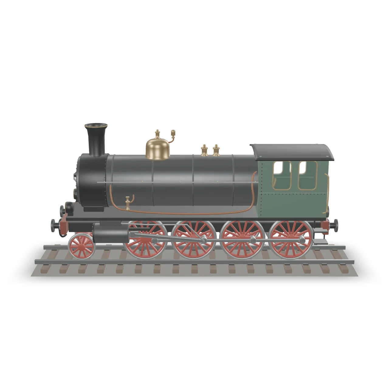 Reconstruct the complete steam locomotive shown in the reference image as a detailed three-dimensional asset, including a short section of railway track. Preserve the overall proportions, cylindrical boiler and circular smokebox, tall chimney, brass domes and valves, green enclosed cab, visible wheel arrangement, red spoked driving wheels, connecting rods, front cylinders, buffers and fine external piping. Match the weathered dark steel, aged brass, copper, green paint and red wheel finish. Build coherent unseen sides with corresponding mechanical parts and closed surfaces. Keep the wheels on the rails and the rods connected to the wheels. Include cab window openings and glazing, riveted seams, handrails and step plates. Use a neutral presentation with no surrounding buildings, people, smoke, text, logos or branding.
