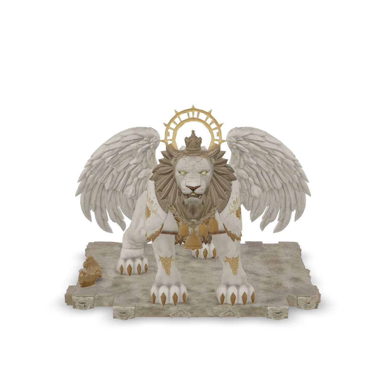 A colossal cathedral guardian beast, a lion-like sacred creature with enormous folded stone wings and a floating halo behind its head. Pale marble armor engraved with gothic patterns, gold inlays, stained-glass details, glowing amber cracks, a regal leonine face, golden horns, luminous eyes, bronze chains and ceremonial bells. Strong silhouette, majestic symmetry, high-detail fantasy 3D collectible, realistic stone, bronze, gold, and glass materials, centered, isolated, no background.