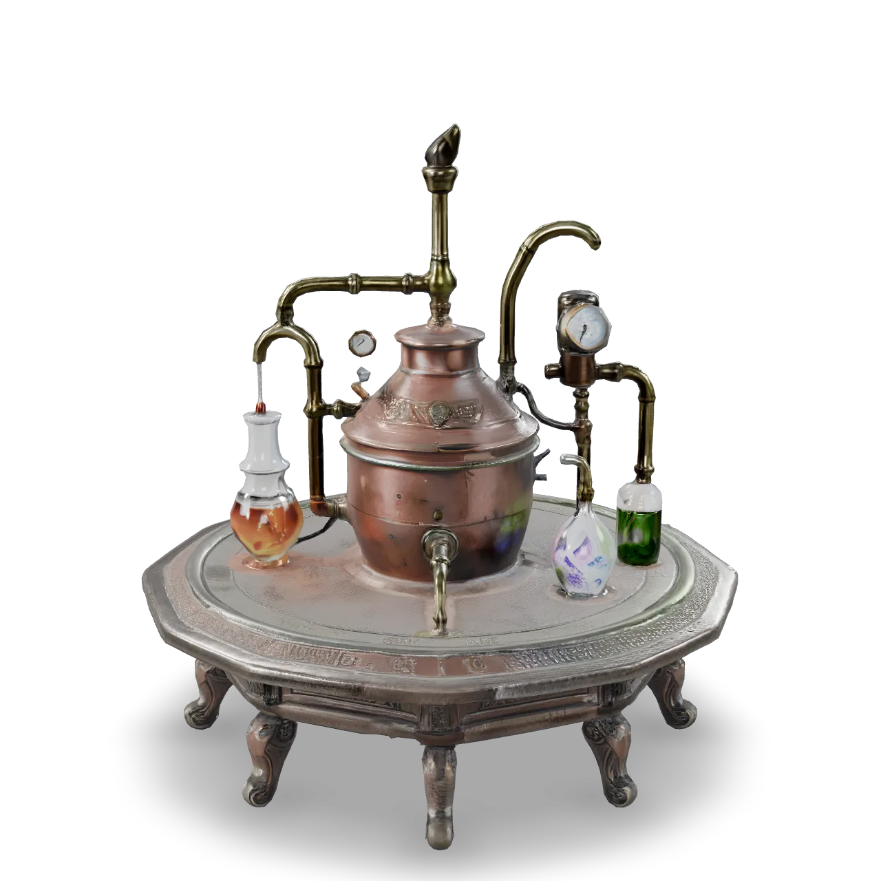 An elaborate fantasy alchemy apparatus, copper boiler, glass vessels, curved brass pipes, pressure gauges, crystal containers filled with glowing liquid, engraved metal fittings, aged patina, intricate tabletop prop, highly detailed 3D model, centered, isolated.