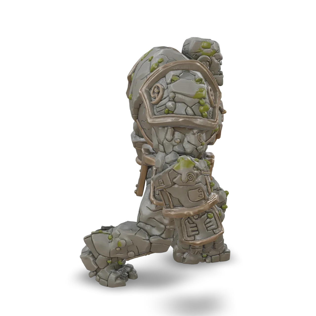An ancient stone golem, massive humanoid body made of cracked granite blocks, engraved runes, bronze bindings, glowing amber core in the chest, moss and weathering, powerful silhouette, highly detailed fantasy 3D creature, centered, isolated, no background.