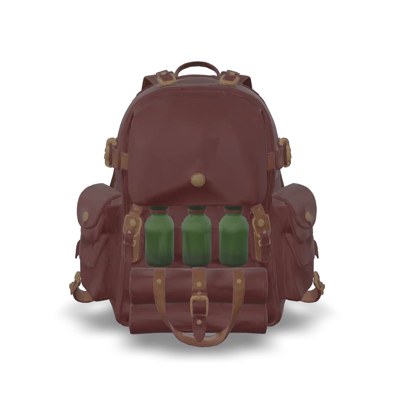 Retexture this backpack with aged burgundy leather, dark brown straps, antique brass buckles, and a charcoal wool blanket. Give the three potion bottles distinct emerald-green, amber, and deep-violet glass finishes. Add subtle leather creases, worn edges, and restrained brass patina. Rich handcrafted fantasy materials with clean separation between leather, metal, cloth, and glass. No symbols or lettering.