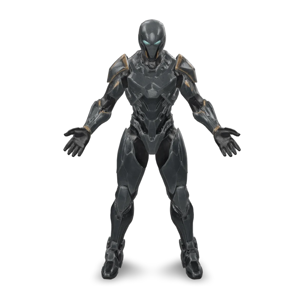 Texture this armored humanoid with matte charcoal-black armor plates, brushed gold trim, and dark titanium mechanical joints. Add deep crimson accents to the shoulders and chest, pale cyan lenses over the eyes, and black rubber seals between armor panels. Include subtle edge wear, fine scratches, and restrained surface weathering. Keep clear material separation and consistent detailing across the front and back. Preserve the existing geometry and pose. Realistic physically based materials, premium sci-fi craftsmanship.