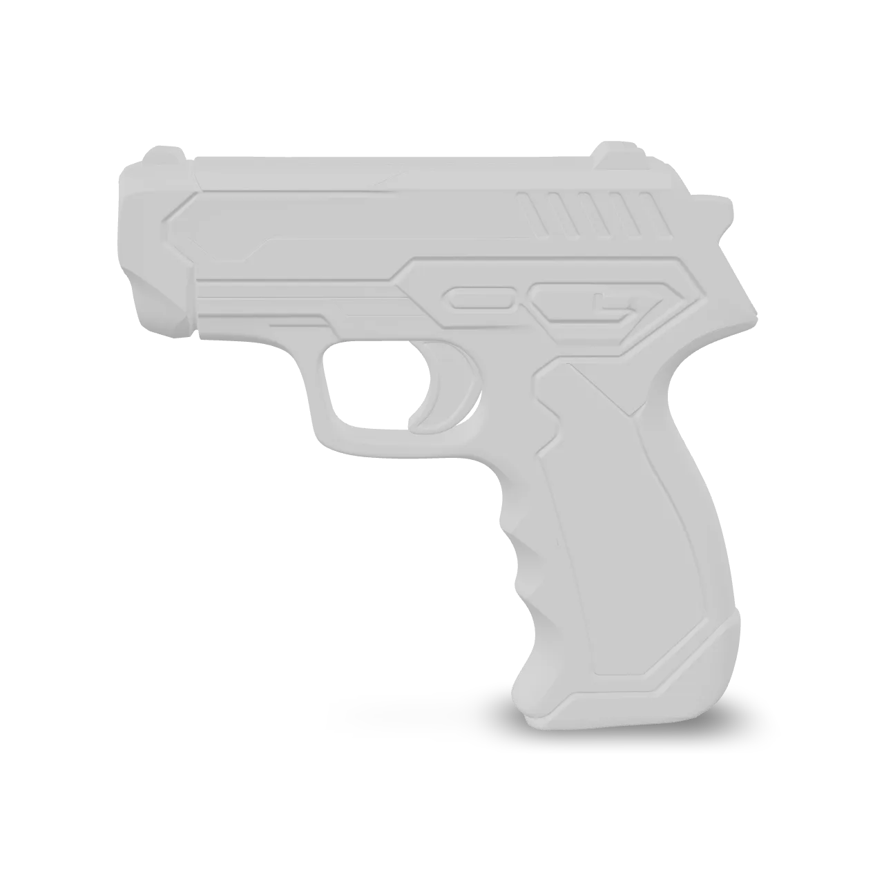 A compact sci-fi handheld scanner, matte black polymer body with brushed aluminum accents, subtle wear on corners, single object centered, game-ready prop, clean silhouette, no base, no environment.
