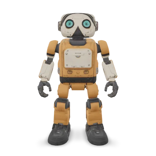 Retexture the robot as a retro space courier. Warm mustard-yellow enamel body panels, cream-colored head and cargo hatch, dark graphite rubber joints, brushed aluminum trim, and turquoise glass eyes. Subtle chipped paint along exposed edges and light wear around the cargo hatch. Clear material boundaries, believable roughness, charming industrial finish. No text or logos.