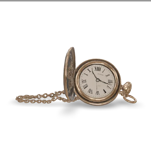 An ornate steampunk mechanical pocket watch lying open, exposed brass gears and cogs of different sizes, engraved floral patterns on the lid, a coiled chain, small rivets and screws, glass crystal over the dial with roman numerals