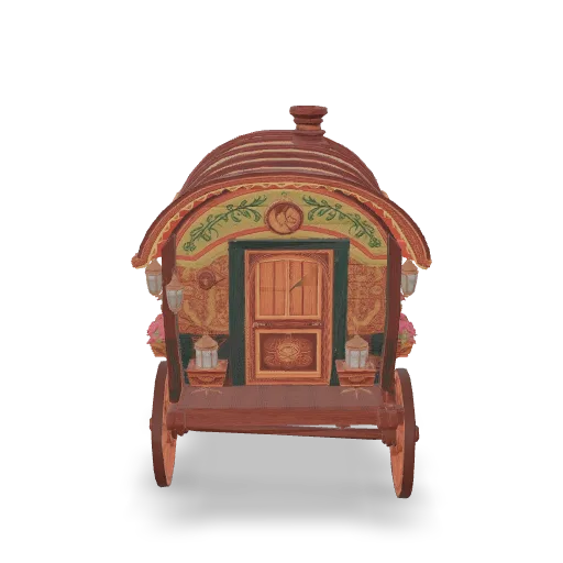 A colorful painted wooden caravan wagon with a curved roof, spoked wheels, a small chimney, lanterns and flower boxes, storybook style, highly detailed