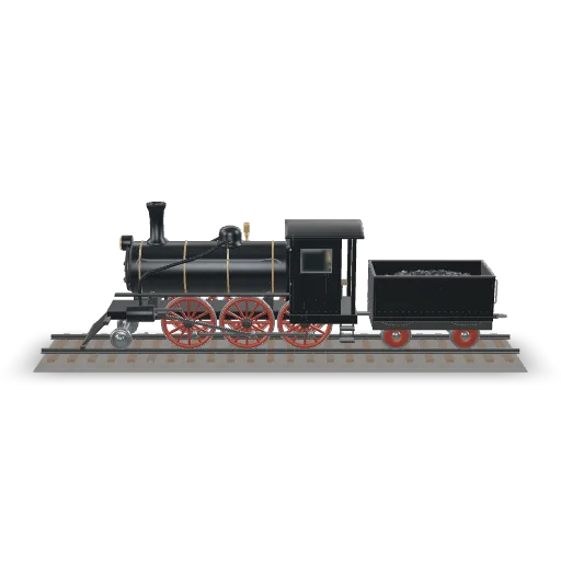 A vintage steam locomotive standing on a short straight section of track with wooden sleepers and gravel ballast. Build a black boiler with polished brass bands, a tall smokestack, a domed steam chest, large red spoked driving wheels with connecting rods, a cab with small windows, a coal tender behind it, and a front cowcatcher and headlamp. Realistic proportions and oily, weathered metal.