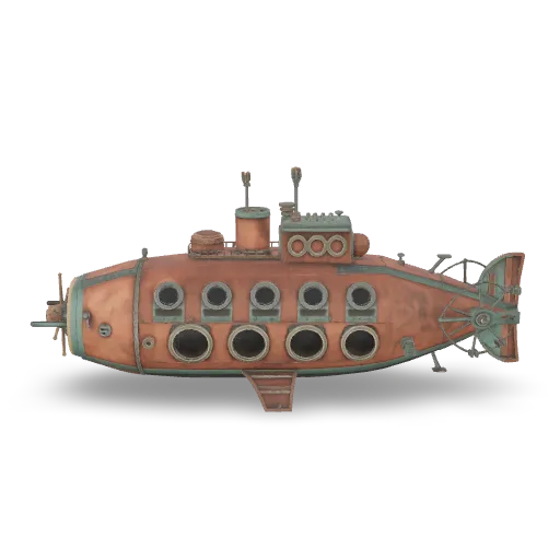 A steampunk exploration submarine, riveted copper and brass hull shaped like a fish, round glass portholes, a large rear propeller with fins, a conning tower with a periscope, articulated mechanical claw arms at the front, aged patina and verdigris, high-detail vehicle model, centered, isolated, no background.