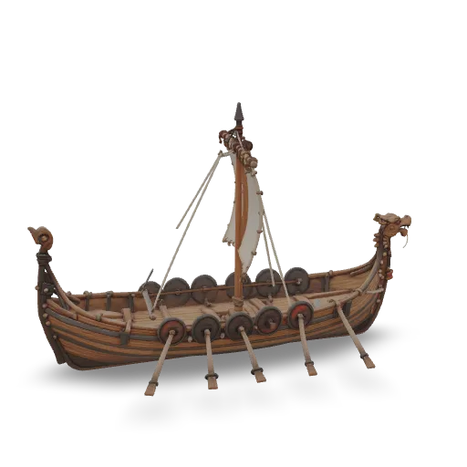 A detailed Viking longship model with overlapping oak planks, a carved dragon head at the prow, a row of painted round shields along the sides, a striped square sail on a single mast, oars extended, rope rigging, weathered wood, centered, isolated.