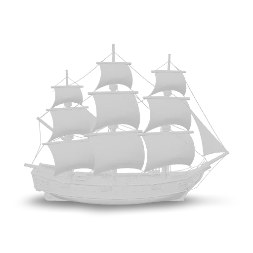 A wooden three-masted sailing ship with white sails.