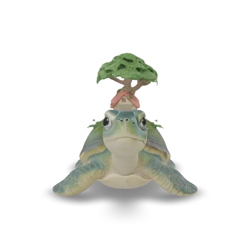 A cute giant sea turtle carrying a tiny garden on its shell with a small cottage, flowers and a tree, stylized fantasy 3D model