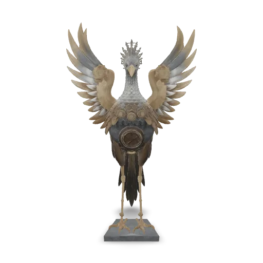 A mechanical art sculpture shaped like a sacred phoenix, built from layered brushed metal feathers, polished brass joints, engraved ornamental plates, and delicate clockwork details. Elegant wings partially spread, long flowing tail, glowing core in the chest, subtle patina and wear, museum-quality collectible, strong silhouette, highly detailed fantasy-meets-industrial 3D model, realistic metal materials, centered, isolated, no background.