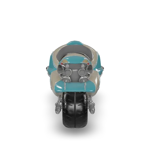 A retro-futuristic hover motorcycle with a sleek teardrop body in cream and turquoise enamel, chrome trim, round headlight, twin glowing hover pads instead of wheels, leather seat, exposed turbine at the back, highly detailed vehicle model, centered, isolated.
