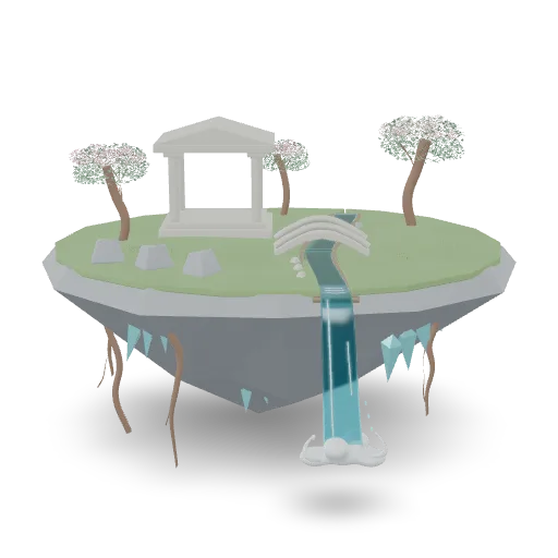 A fantasy floating island diorama: an inverted rocky landmass with dangling roots and crystals beneath, a grassy top with a small stone shrine with pillars, a waterfall spilling over the edge into mist, a stone footbridge over a stream, a few flowering trees and scattered boulders. Stylized but coherent materials, one self-contained scene.