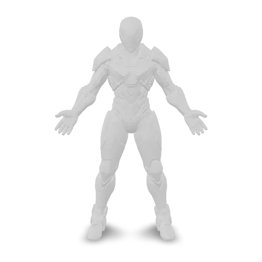 A full-body futuristic sci-fi warrior standing in a neutral A-pose, wearing sleek segmented titanium armor with glowing blue energy lines, a sealed tactical helmet, reinforced boots, mechanical gauntlets, and a compact power core on the chest. Symmetrical design, clean silhouette, realistic proportions, highly detailed hard-surface modeling, isolated character, no weapons, no cape, no base, no environment.