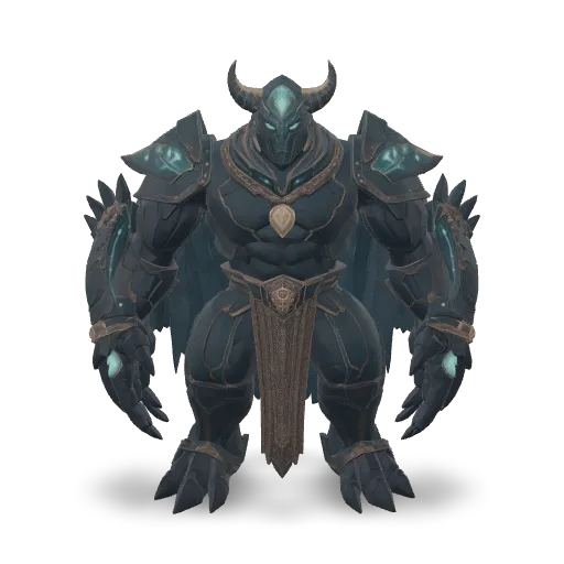 A colossal abyssal guardian creature, humanoid upper body fused with an armored sea-beast tail, dark navy shell armor, glowing turquoise bioluminescent patterns, translucent fins, coral-like horns, pearl ornaments, aged gold details, luminous blue eyes, strong silhouette, high-detail fantasy 3D asset, realistic shell, metal, pearl and crystal materials, centered, isolated, no background.