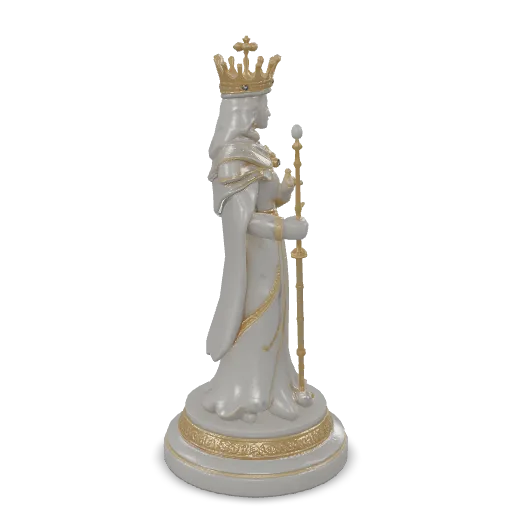 An ornate fantasy chess king piece carved from white marble with gold filigree inlays, a crown with tiny sapphire gems, flowing royal robe details, a scepter held against the chest, a stepped round base with engraved patterns, museum-quality collectible, single isolated object.