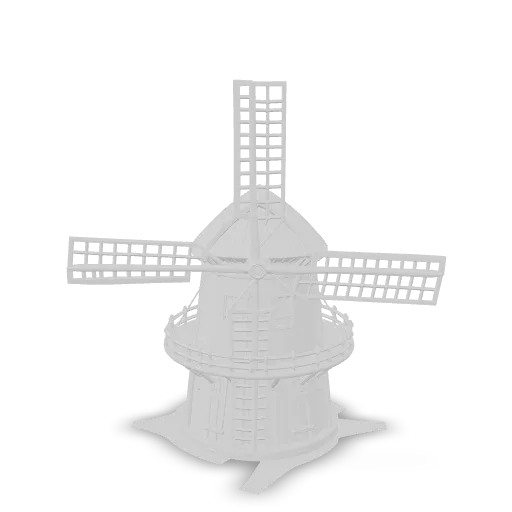 A rustic countryside windmill with four large sails.