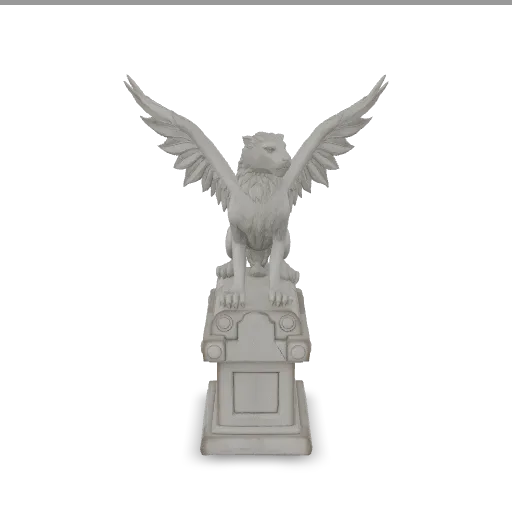 A majestic stone griffin statue perched on a weathered pedestal, detailed feathered wings half spread, lion body with carved muscles, moss in the crevices