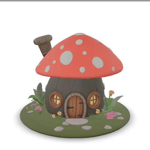 A cozy fantasy mushroom cottage with a red spotted cap roof, round wooden door, small windows with glowing lights, a tiny chimney and a flower garden around the base