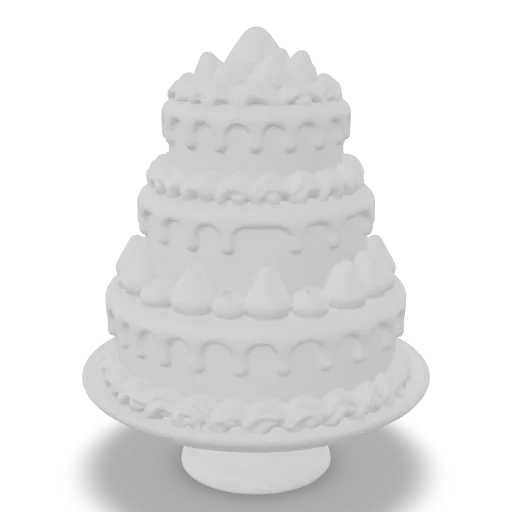 A three-tier strawberry cream cake on a porcelain stand, piped cream swirls, fresh strawberries and blueberries, pink glaze drips