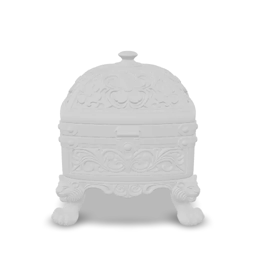 An intricately carved rosewood jewelry box with a domed lid, inlaid mother-of-pearl flower patterns, brass corner guards and a small brass clasp, standing on four carved lion paw feet, polished lacquer finish, single object, centered, no background.