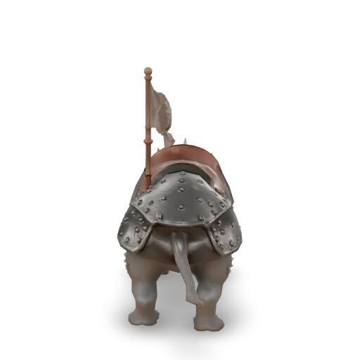 An armored war rhinoceros ready for battle, heavy iron plate barding with rivets, a leather saddle with a small wooden howdah, fluttering cloth banners, a reinforced horn cap, thick wrinkled grey skin, fantasy game creature, single isolated object.
