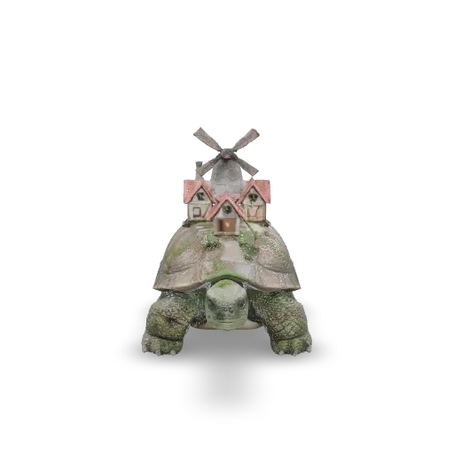 A giant ancient tortoise carrying a tiny village on its shell: small timber-framed houses with red tile roofs, a stone windmill, winding paths, little trees and lanterns, the tortoise with mossy wrinkled skin and a calm expression, whimsical fantasy creature, single isolated object.