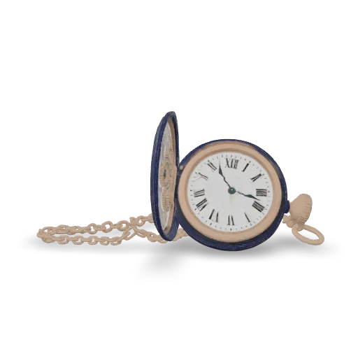 Retexture this pocket watch as a luxury midnight-blue enamel timepiece. Apply deep navy glossy enamel to the outer case and lid, with polished rose-gold rims, engraved details, crown, and chain. Use warm ivory porcelain for the dial, crisp dark Roman numerals, and dark blued-steel hands. Add subtle brushed-metal grain and fine micro-scratches to the metal surfaces. Preserve the existing geometry, open lid, chain links, dial layout, and hand positions. Realistic physically based materials, refined craftsmanship.