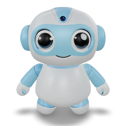 Create a cute 3D robot assistant character, small rounded body, expressive digital eyes, short arms, floating head, white and light blue plastic materials, soft bevels, friendly proportions, clean topology, stylized but polished, suitable for animation and game use