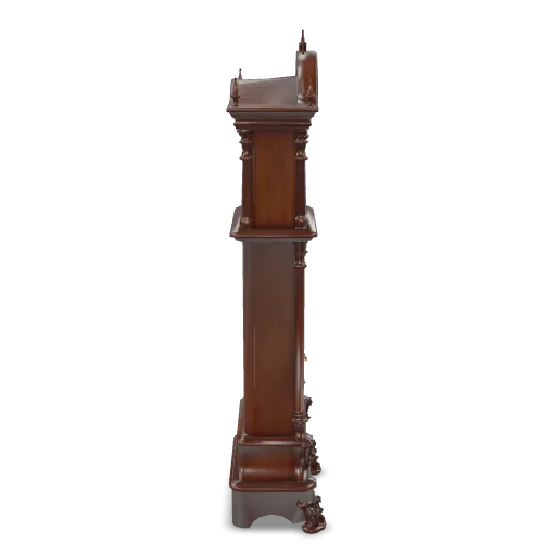 A gothic grandfather clock with a tall carved walnut case, pointed arch top with spires, an ornate brass clock face with filigree hands, a glass door showing a swinging brass pendulum, carved acanthus leaves and claw feet, antique furniture, single isolated object.