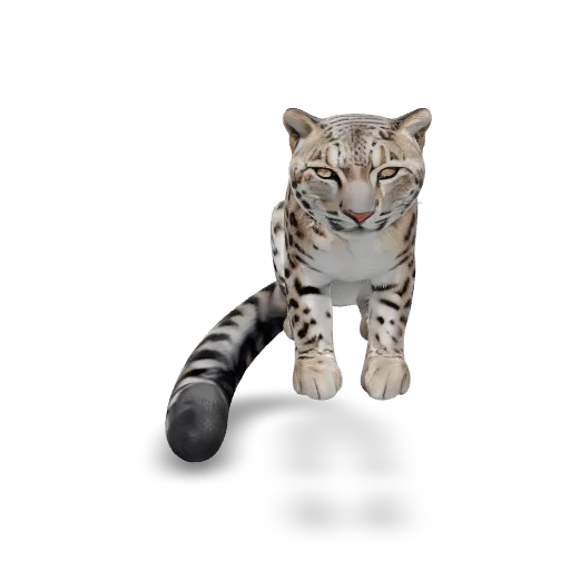 A majestic snow leopard crouching on a rocky outcrop, thick spotted fur, long bushy tail wrapped around the rock, alert gaze, realistic wildlife sculpture with detailed fur texture, single isolated object.