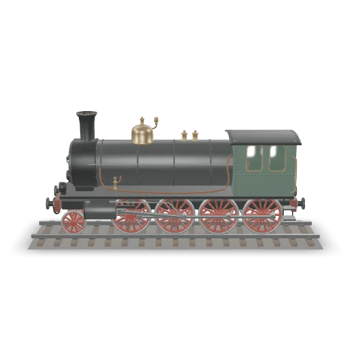 Reconstruct the complete steam locomotive shown in the reference image as a detailed three-dimensional asset, including a short section of railway track. Preserve the overall proportions, cylindrical boiler and circular smokebox, tall chimney, brass domes and valves, green enclosed cab, visible wheel arrangement, red spoked driving wheels, connecting rods, front cylinders, buffers and fine external piping. Match the weathered dark steel, aged brass, copper, green paint and red wheel finish. Build coherent unseen sides with corresponding mechanical parts and closed surfaces. Keep the wheels on the rails and the rods connected to the wheels. Include cab window openings and glazing, riveted seams, handrails and step plates. Use a neutral presentation with no surrounding buildings, people, smoke, text, logos or branding.