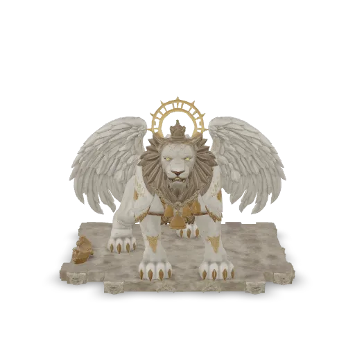A colossal cathedral guardian beast, a lion-like sacred creature with enormous folded stone wings and a floating halo behind its head. Pale marble armor engraved with gothic patterns, gold inlays, stained-glass details, glowing amber cracks, a regal leonine face, golden horns, luminous eyes, bronze chains and ceremonial bells. Strong silhouette, majestic symmetry, high-detail fantasy 3D collectible, realistic stone, bronze, gold, and glass materials, centered, isolated, no background.