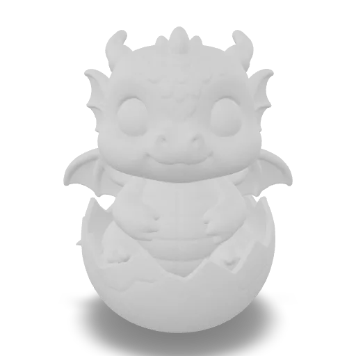 A chubby baby dragon hatchling sitting in a cracked speckled eggshell, big eyes, tiny wings, emerald scales, cute figurine